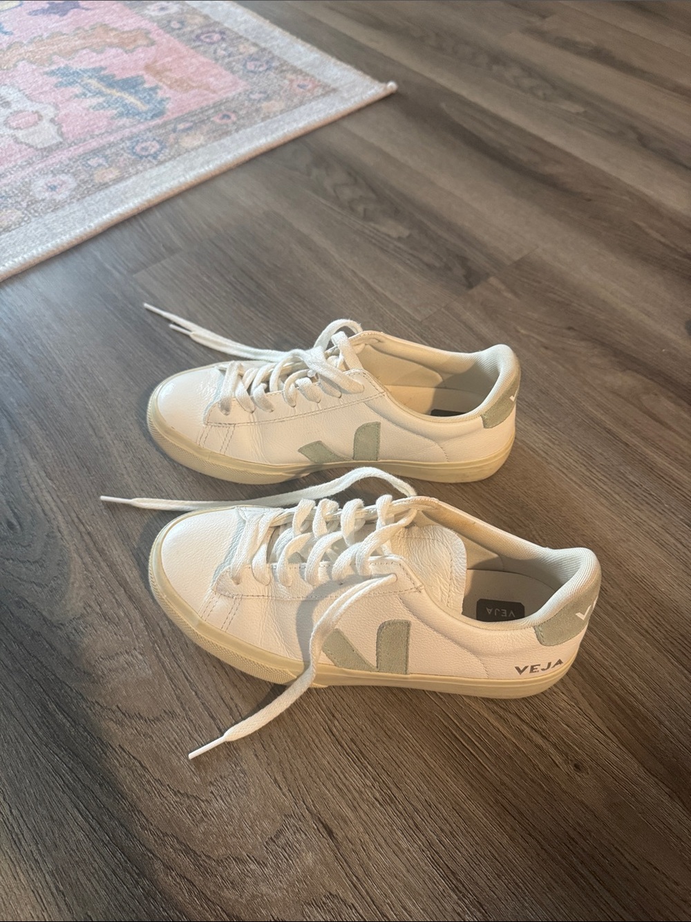 Veja Women’s White Leather Sneakers with Sage V Detail